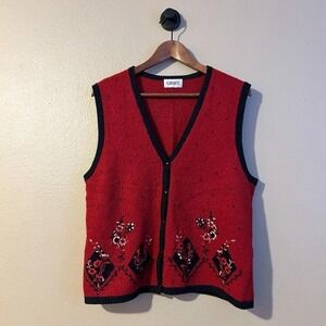 Vintage Graff Sweater Vest Black Red Embroidered Floral Whimsigoth Goth Grandma